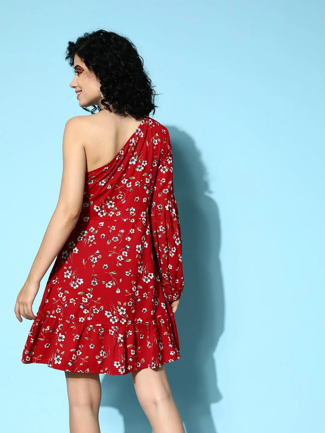Berrylush Women Red & White Floral Printed One-Shoulder Neck Tulip Hem Fit & Flare Mini Dress