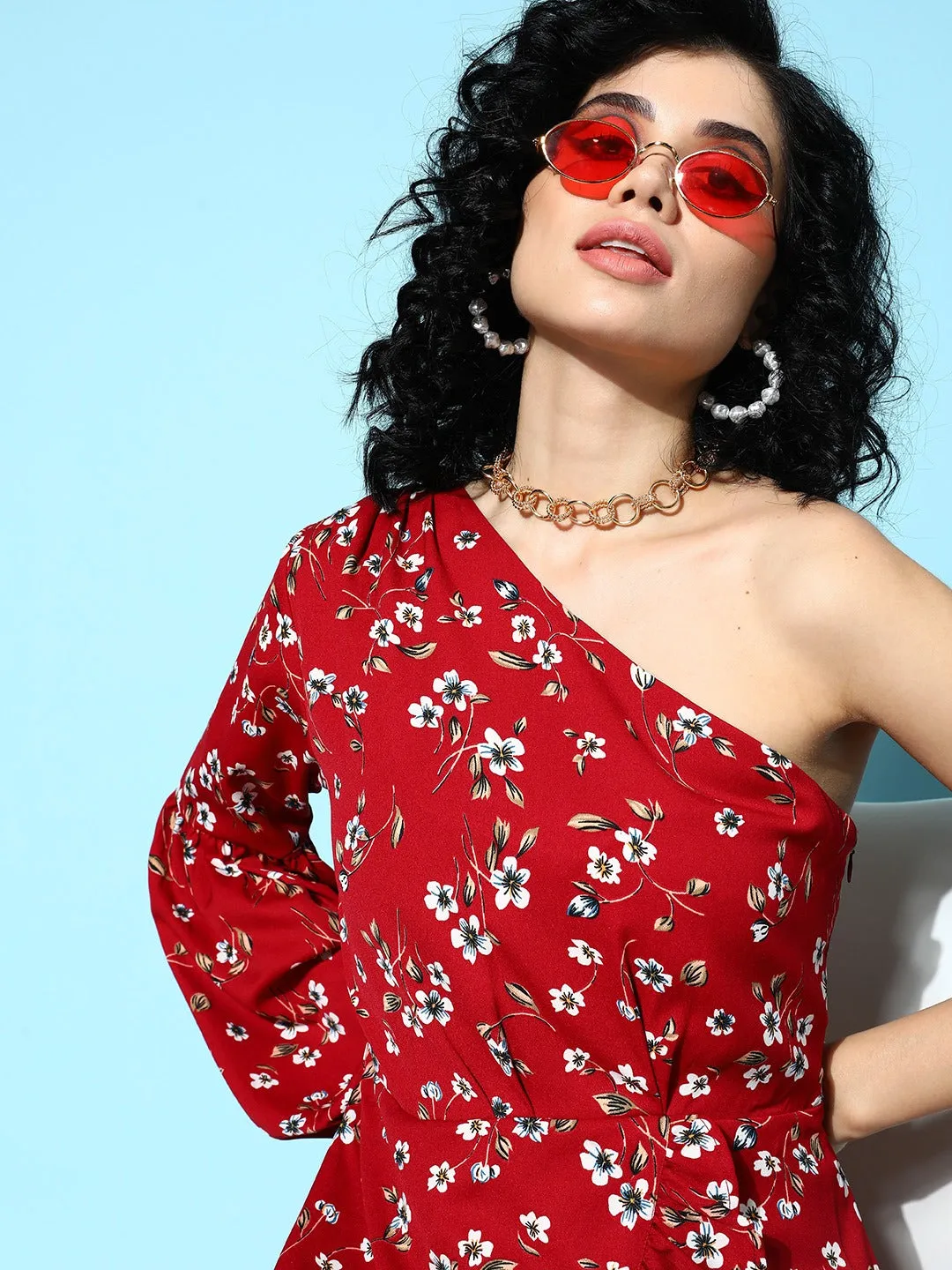 Berrylush Women Red & White Floral Printed One-Shoulder Neck Tulip Hem Fit & Flare Mini Dress