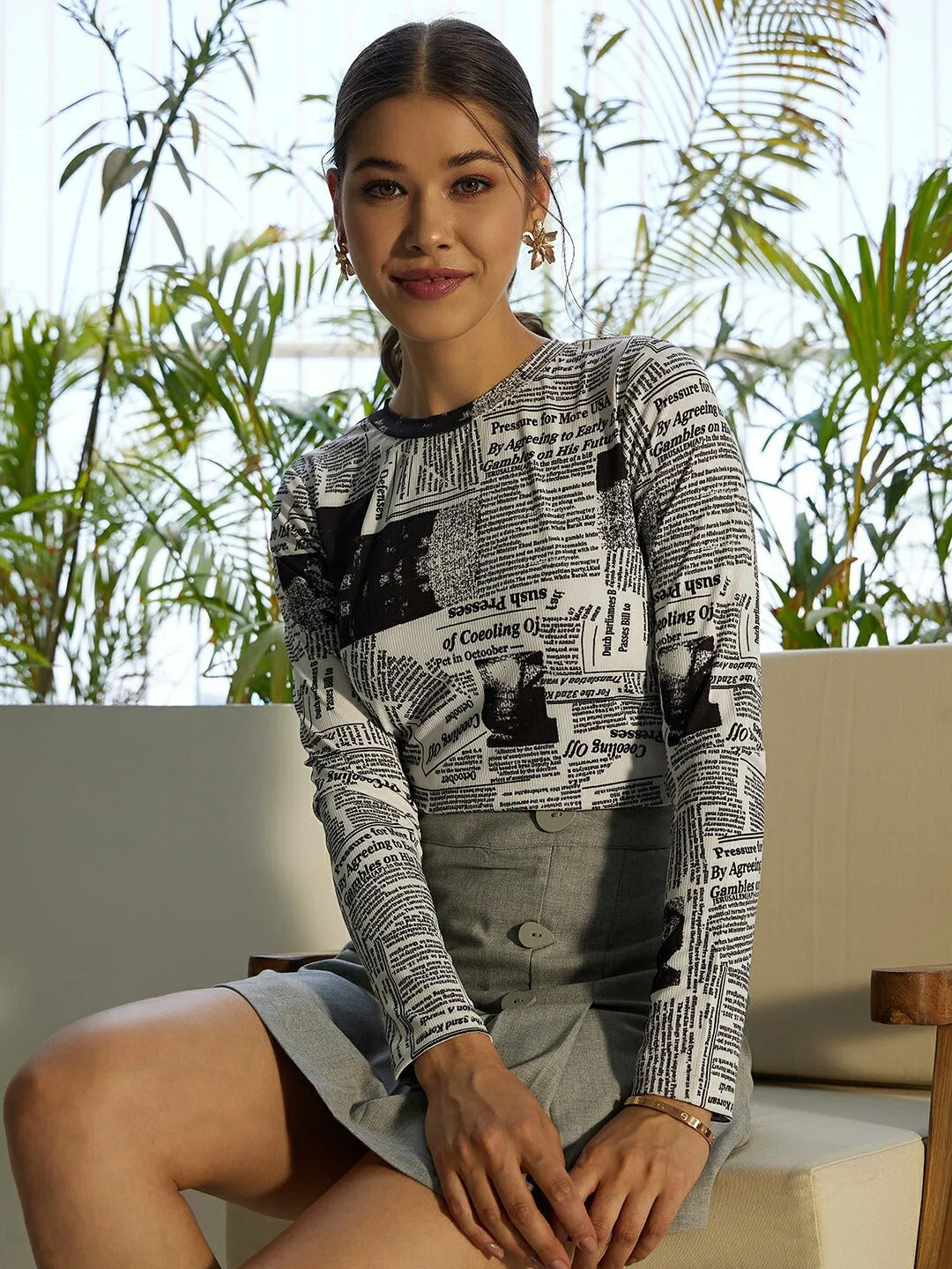 Berrylush Women White, Grey, & Black Graphic Printed Round Neck Slim Fit Knitted Regular T-Shirt