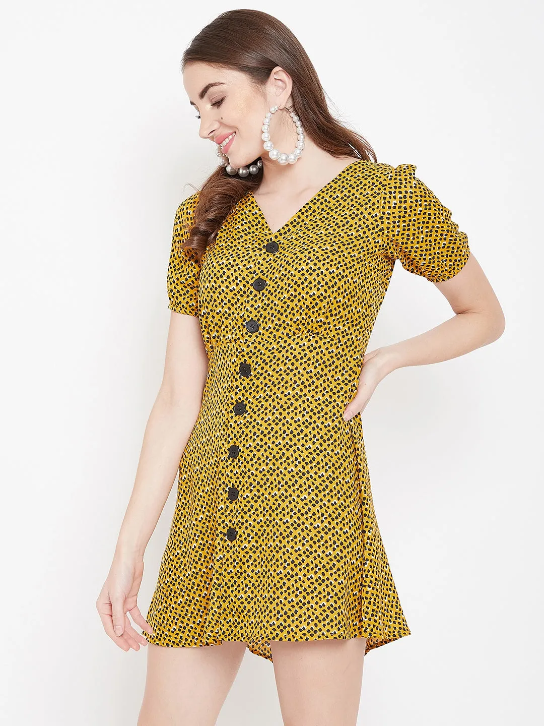 Berrylush Women Yellow & Black Animal Printed V-Neck Button-Up A-Line Mini Dress