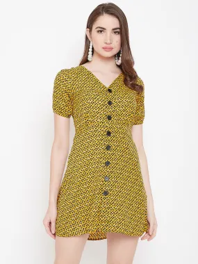 Berrylush Women Yellow & Black Animal Printed V-Neck Button-Up A-Line Mini Dress