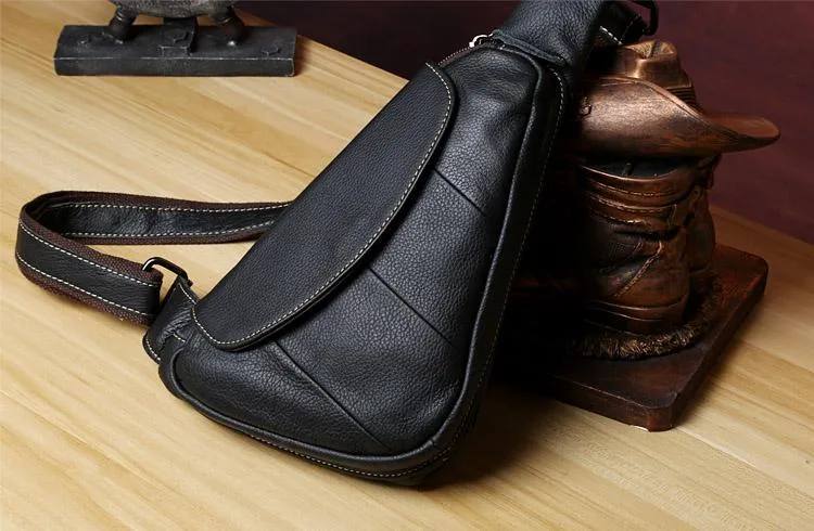 Black Leather Sling Bag for Men Mens Chest Bag Crossbody Chest Bag Chest Crossbody Bag