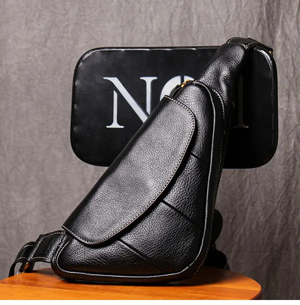 Black Leather Sling Bag for Men Mens Chest Bag Crossbody Chest Bag Chest Crossbody Bag
