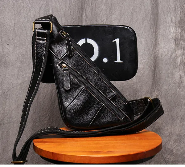 Black Leather Sling Bag for Men Mens Chest Bag Crossbody Chest Bag Chest Crossbody Bag