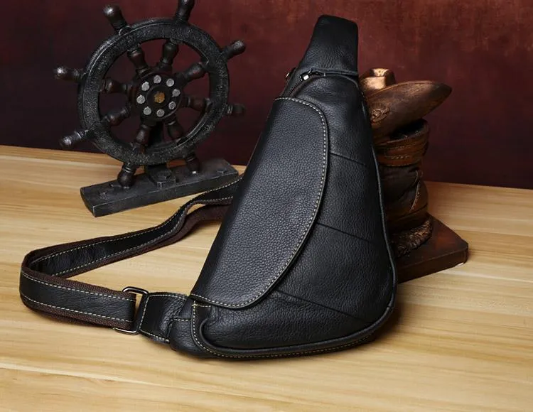 Black Leather Sling Bag for Men Mens Chest Bag Crossbody Chest Bag Chest Crossbody Bag