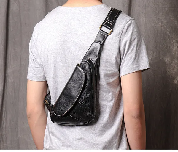 Black Leather Sling Bag for Men Mens Chest Bag Crossbody Chest Bag Chest Crossbody Bag