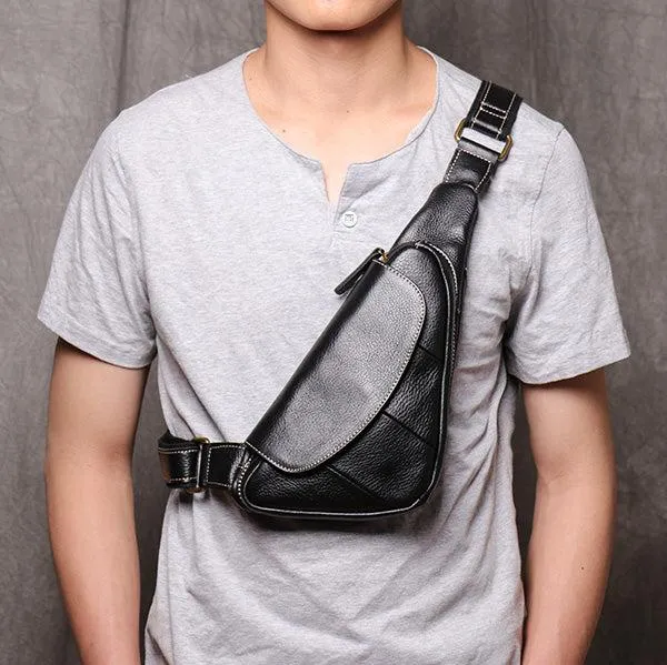 Black Leather Sling Bag for Men Mens Chest Bag Crossbody Chest Bag Chest Crossbody Bag
