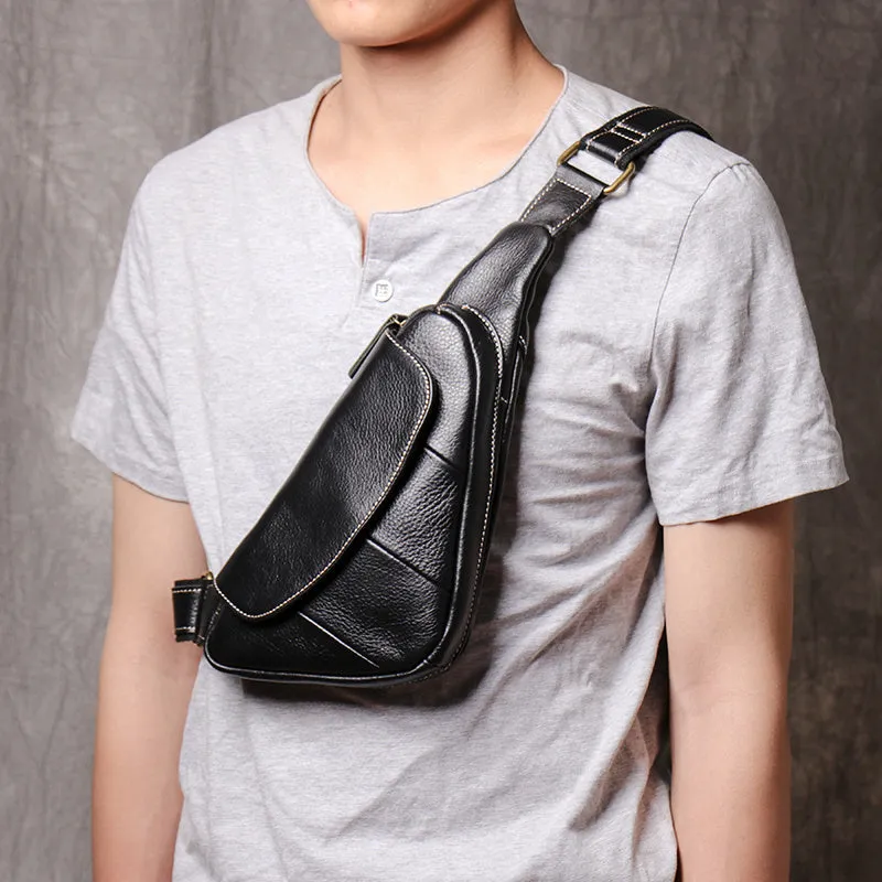 Black Leather Sling Bag for Men Mens Chest Bag Crossbody Chest Bag Chest Crossbody Bag