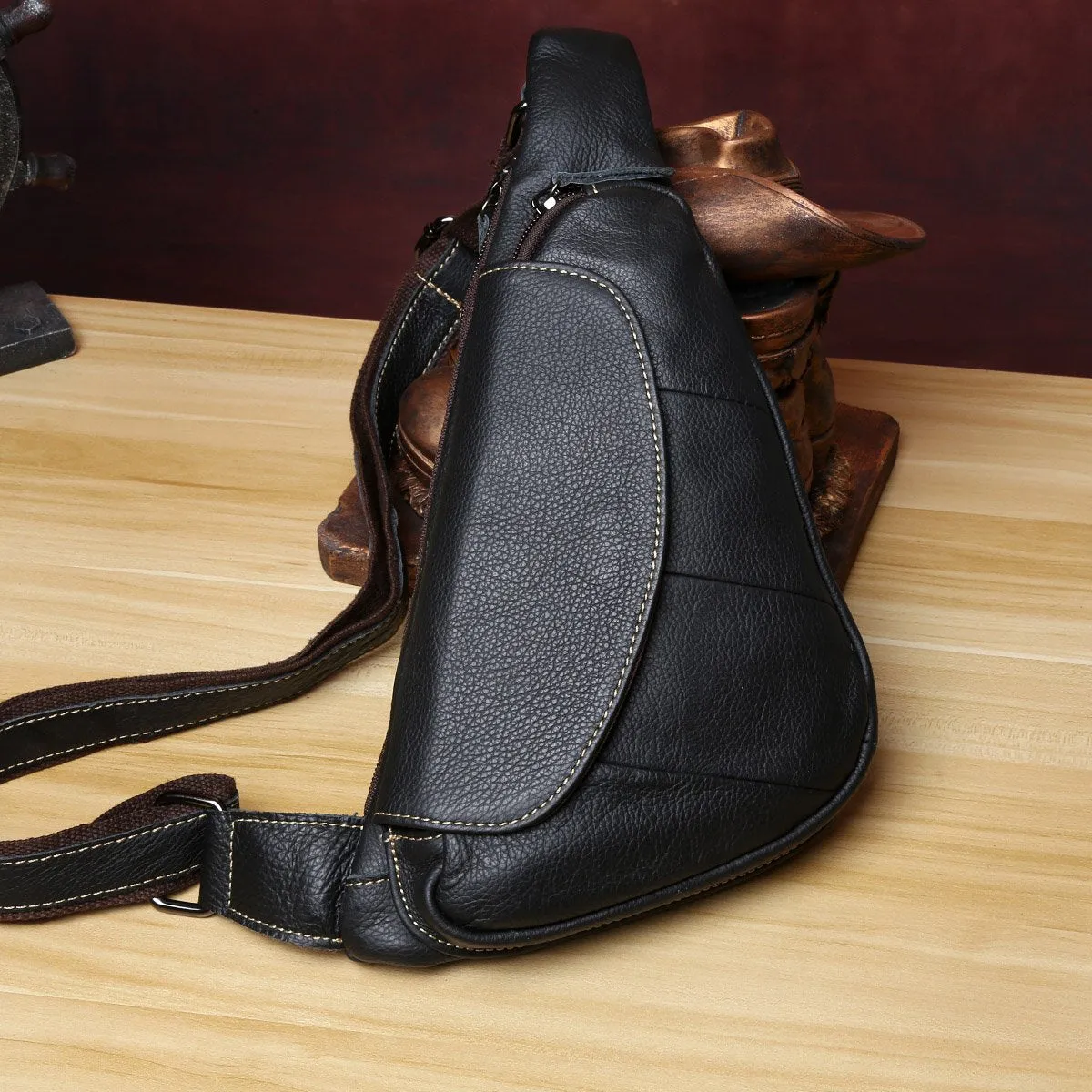 Black Leather Sling Bag for Men Mens Chest Bag Crossbody Chest Bag Chest Crossbody Bag