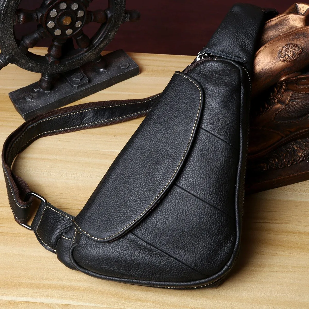 Black Leather Sling Bag for Men Mens Chest Bag Crossbody Chest Bag Chest Crossbody Bag