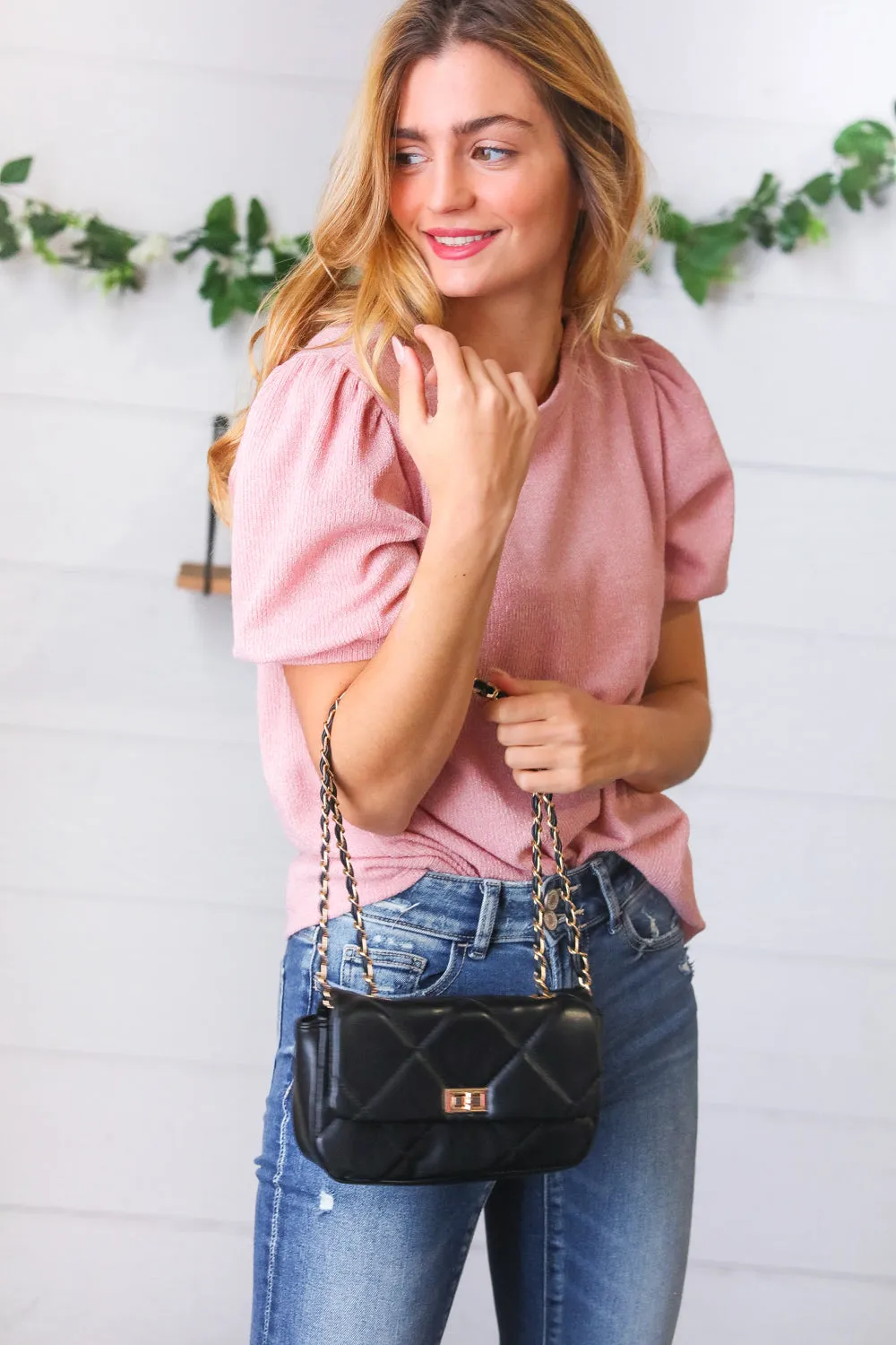 Black Rectangular Quilted Chain Strap Clasp Bag