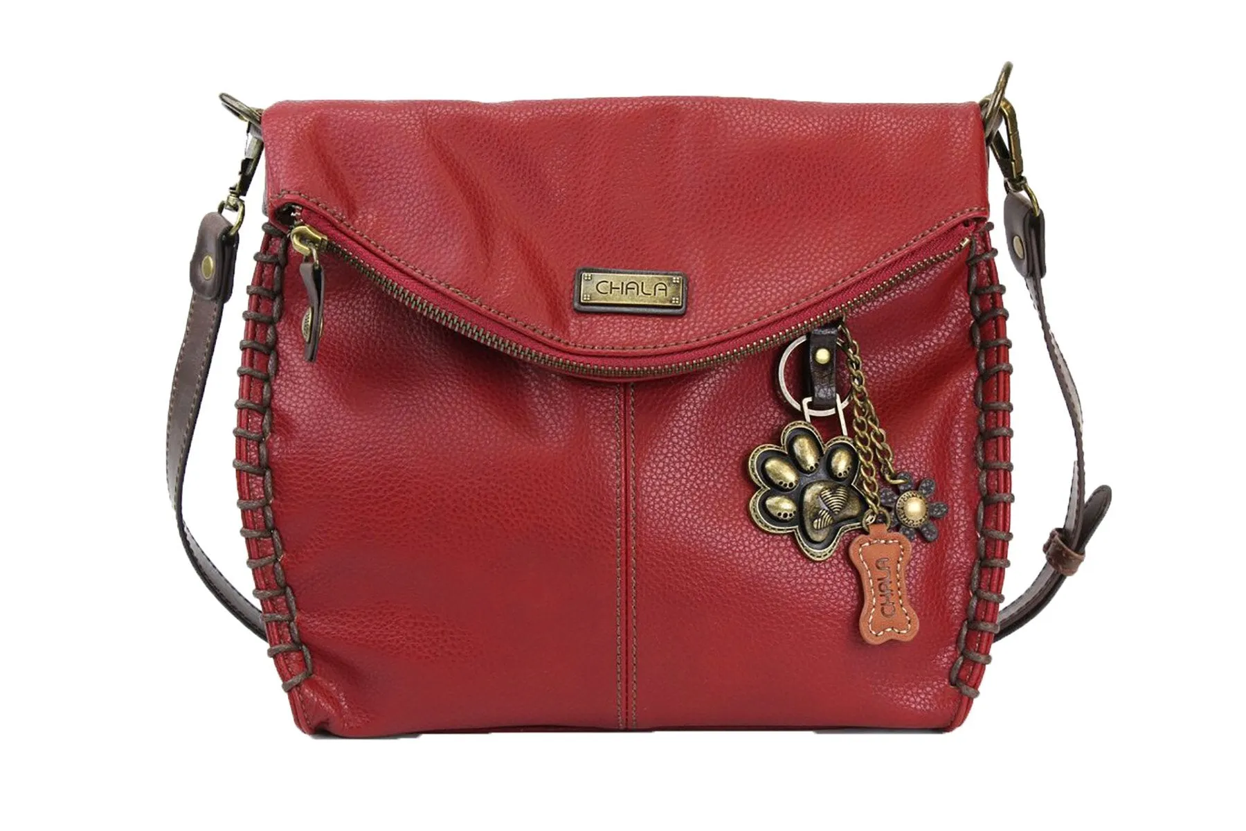 Chala Charming Crossbody Bag with Zipper Flap Top and Metal Chain - Burgundy