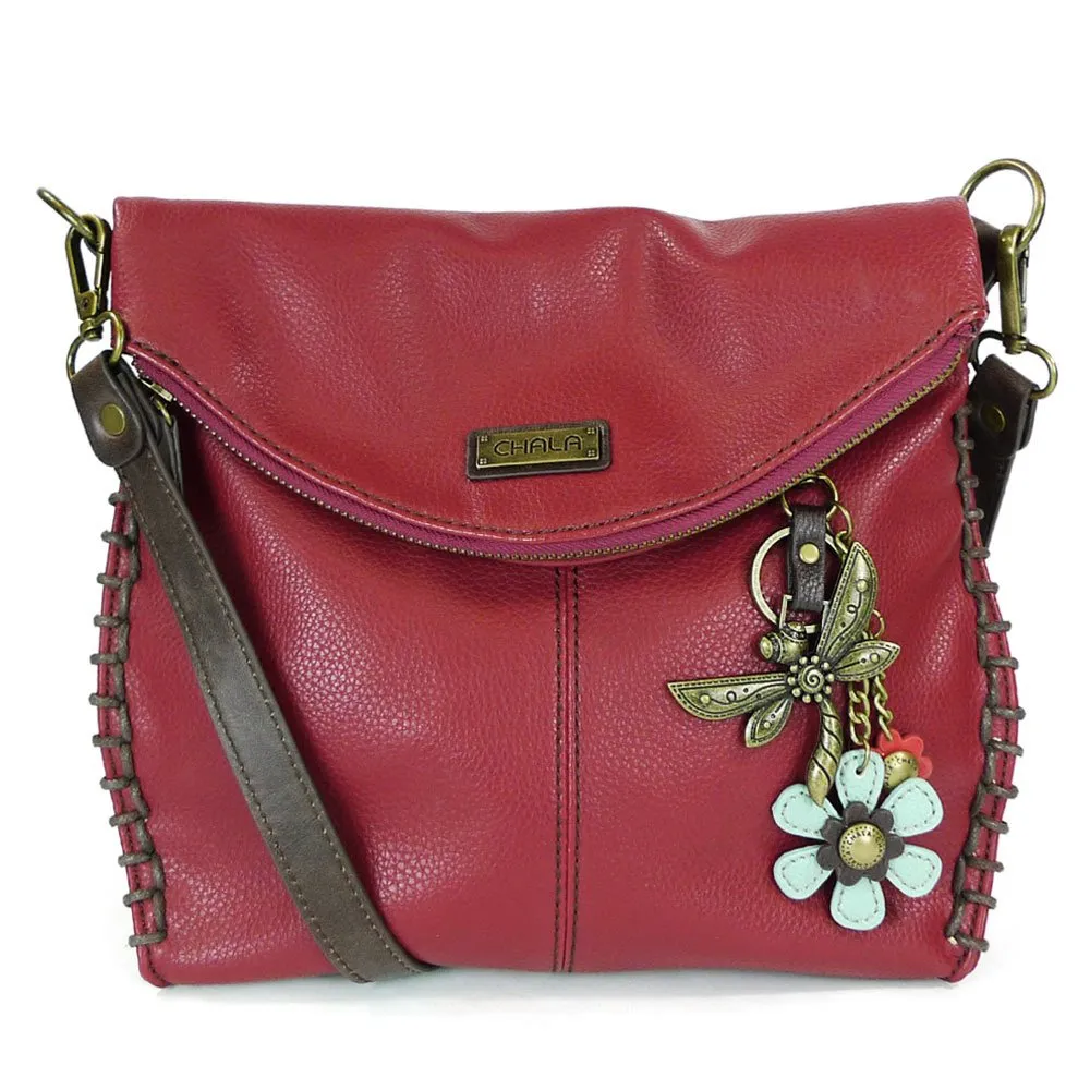 Chala Charming Crossbody Bag with Zipper Flap Top and Metal Chain - Burgundy