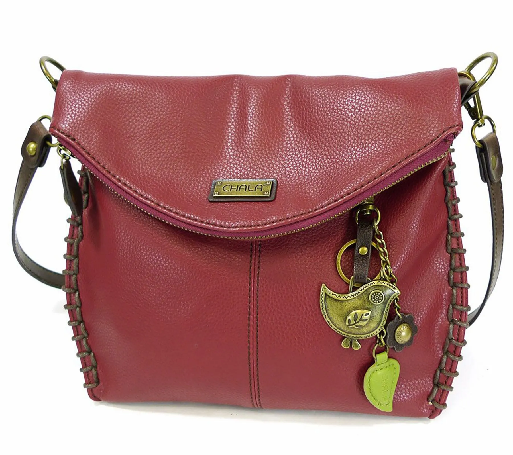 Chala Charming Crossbody Bag with Zipper Flap Top and Metal Chain - Burgundy
