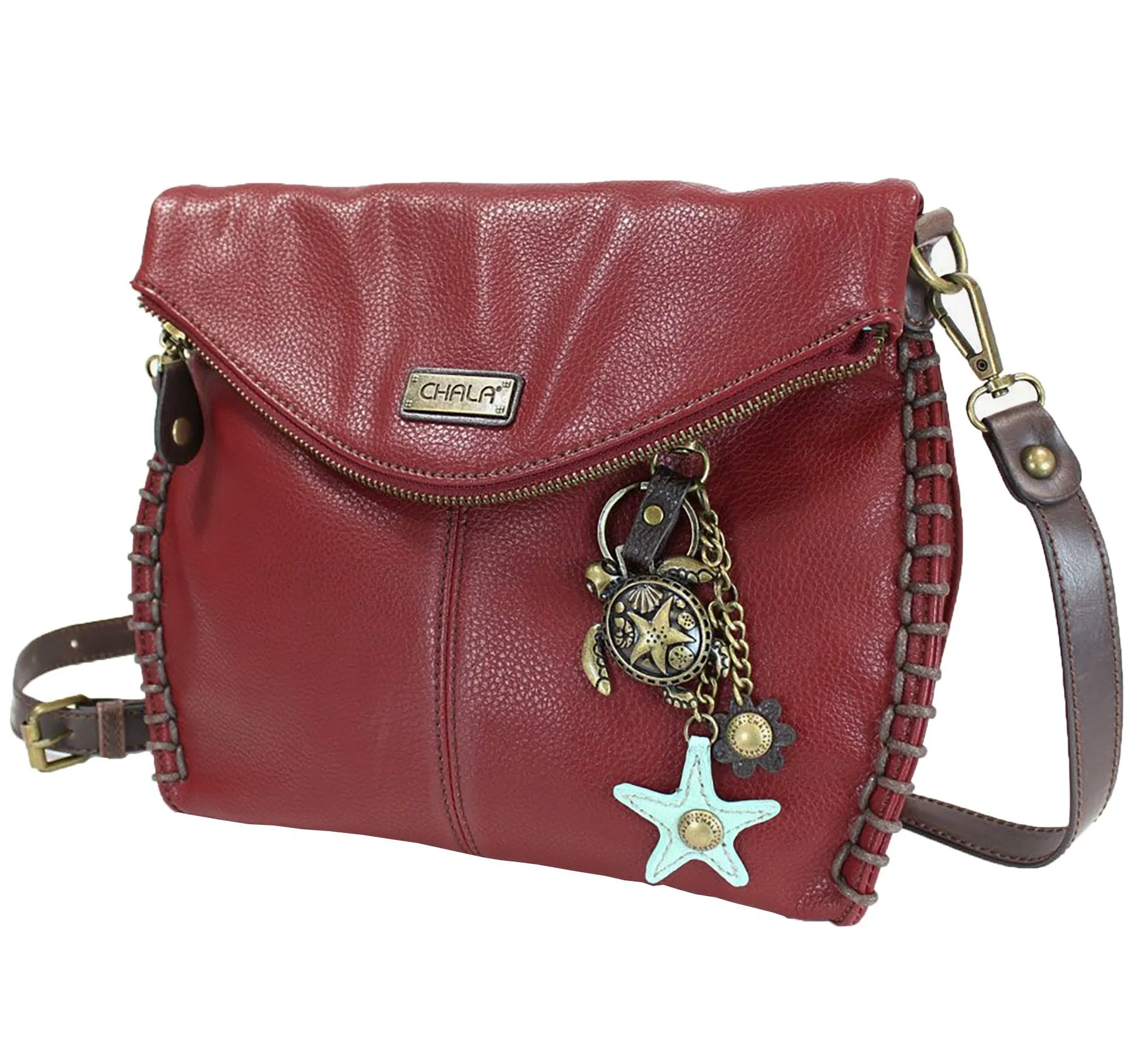Chala Charming Crossbody Bag with Zipper Flap Top and Metal Chain - Burgundy
