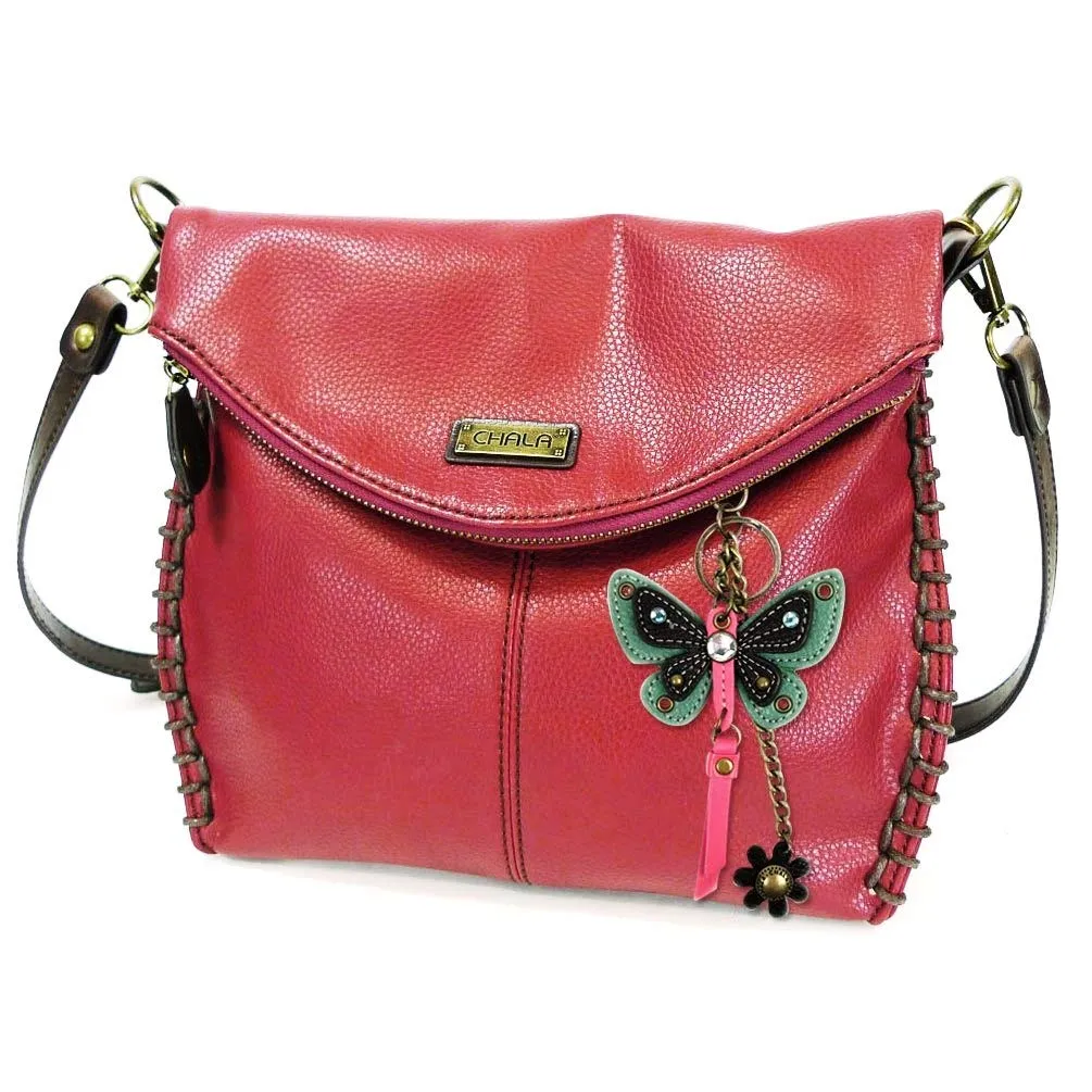 Chala Charming Crossbody Bag with Zipper Flap Top and Metal Chain - Burgundy