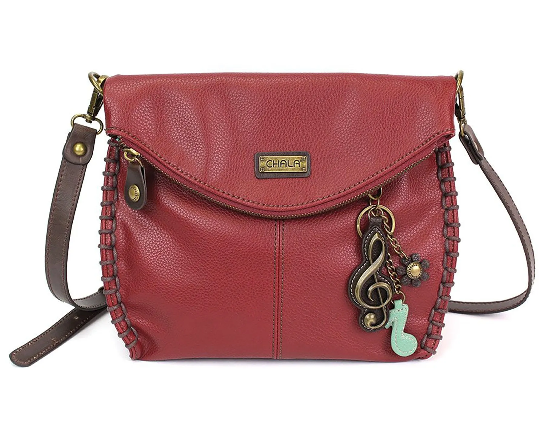 Chala Charming Crossbody Bag with Zipper Flap Top and Metal Chain - Burgundy