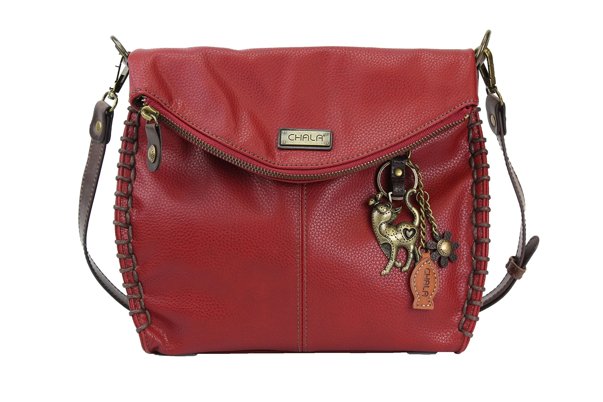 Chala Charming Crossbody Bag with Zipper Flap Top and Metal Chain - Burgundy