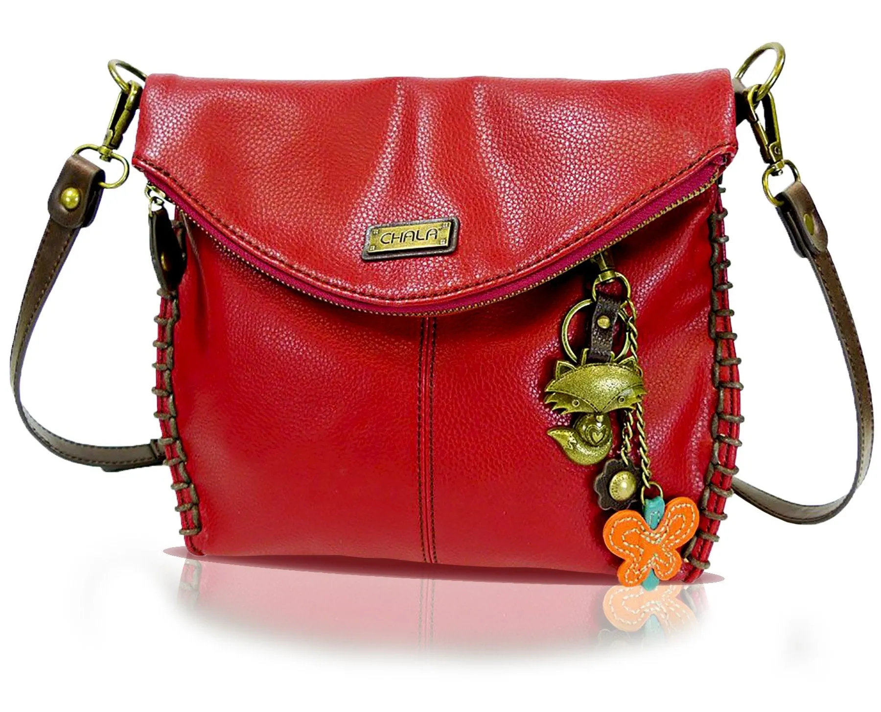 Chala Charming Crossbody Bag with Zipper Flap Top and Metal Chain - Burgundy