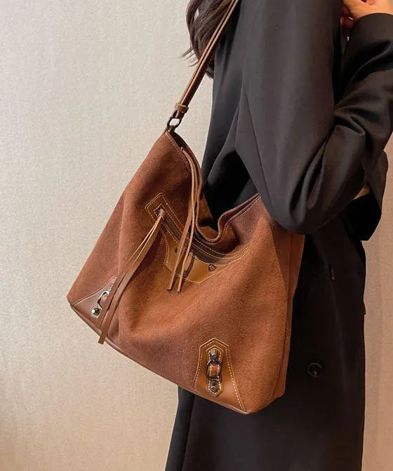 Fine Brown Rivet Patchwork Zip Up Faux Leather Satchel Handbag LY1390