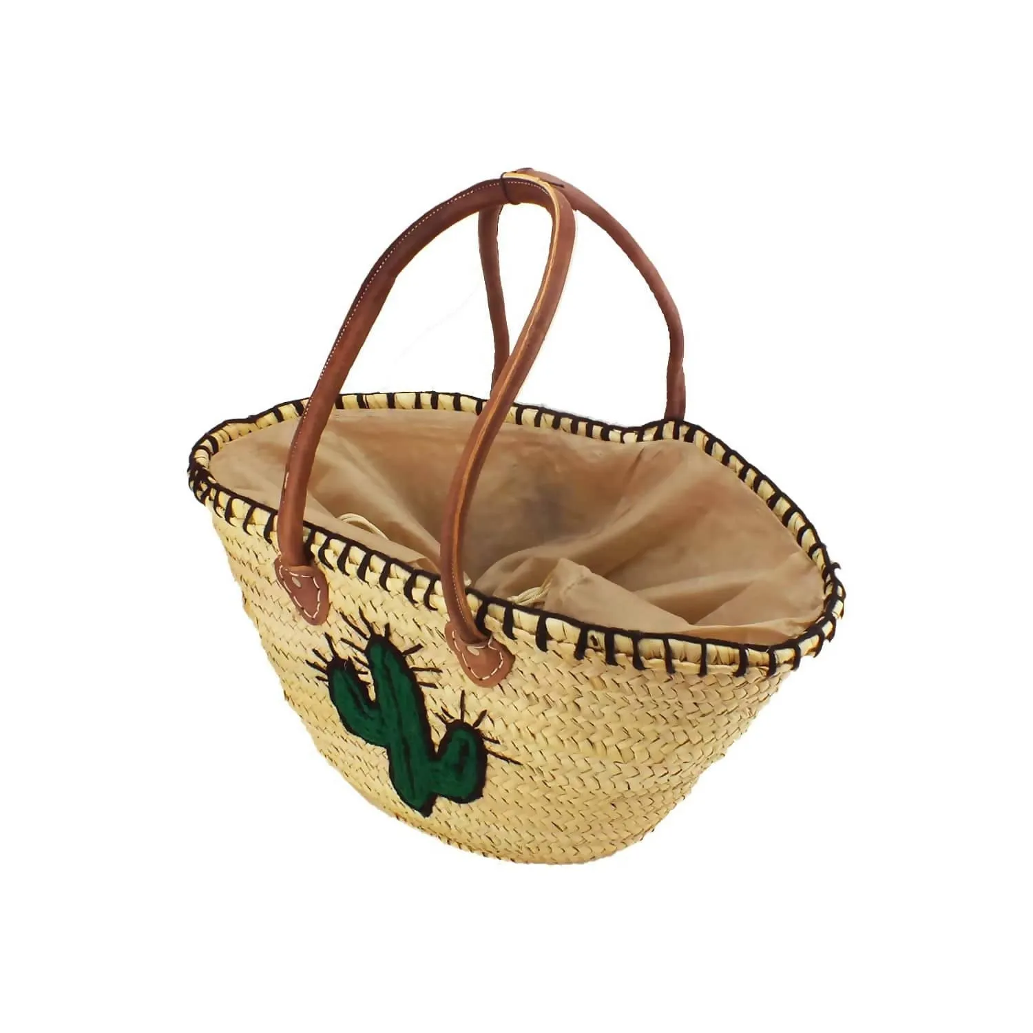 Moroccan Straw Beach Bag Basket with Cactus