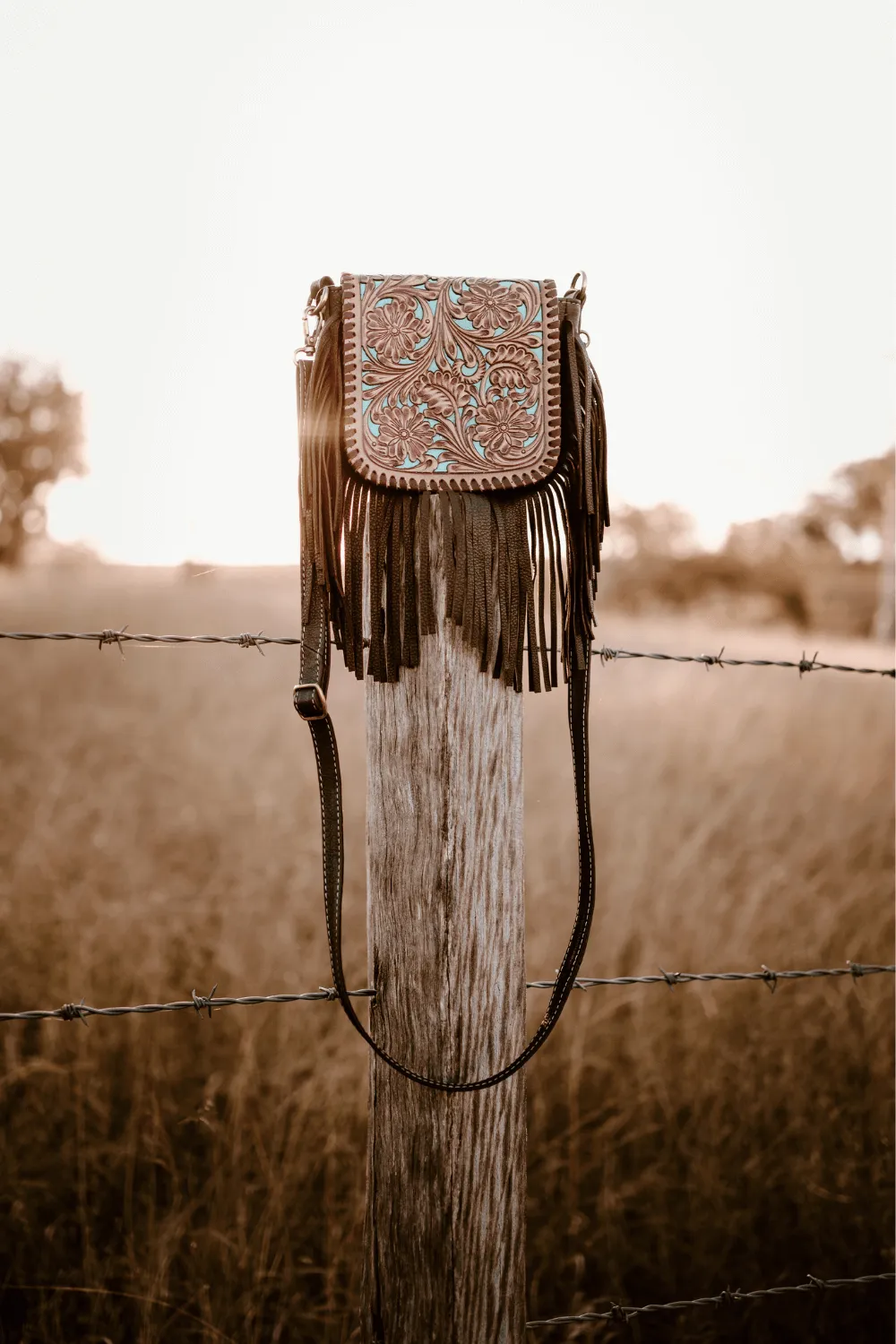 Tooled Turquoise Fringe Bag