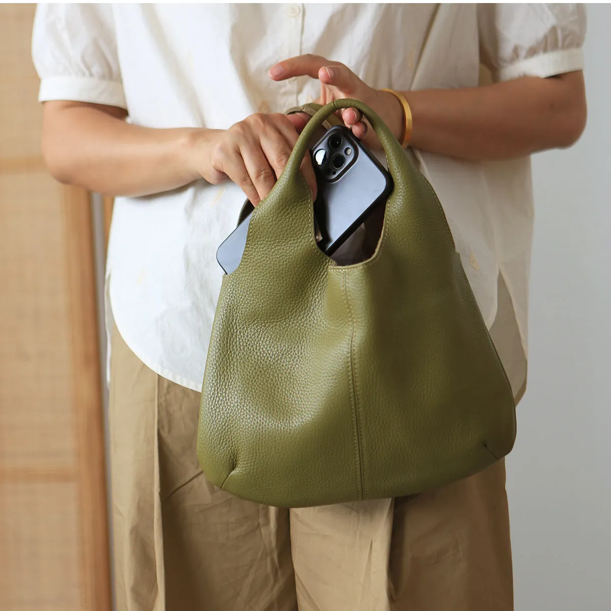 Vintage Womens Small Leather Tote Bag Green Leather Handbags For Women