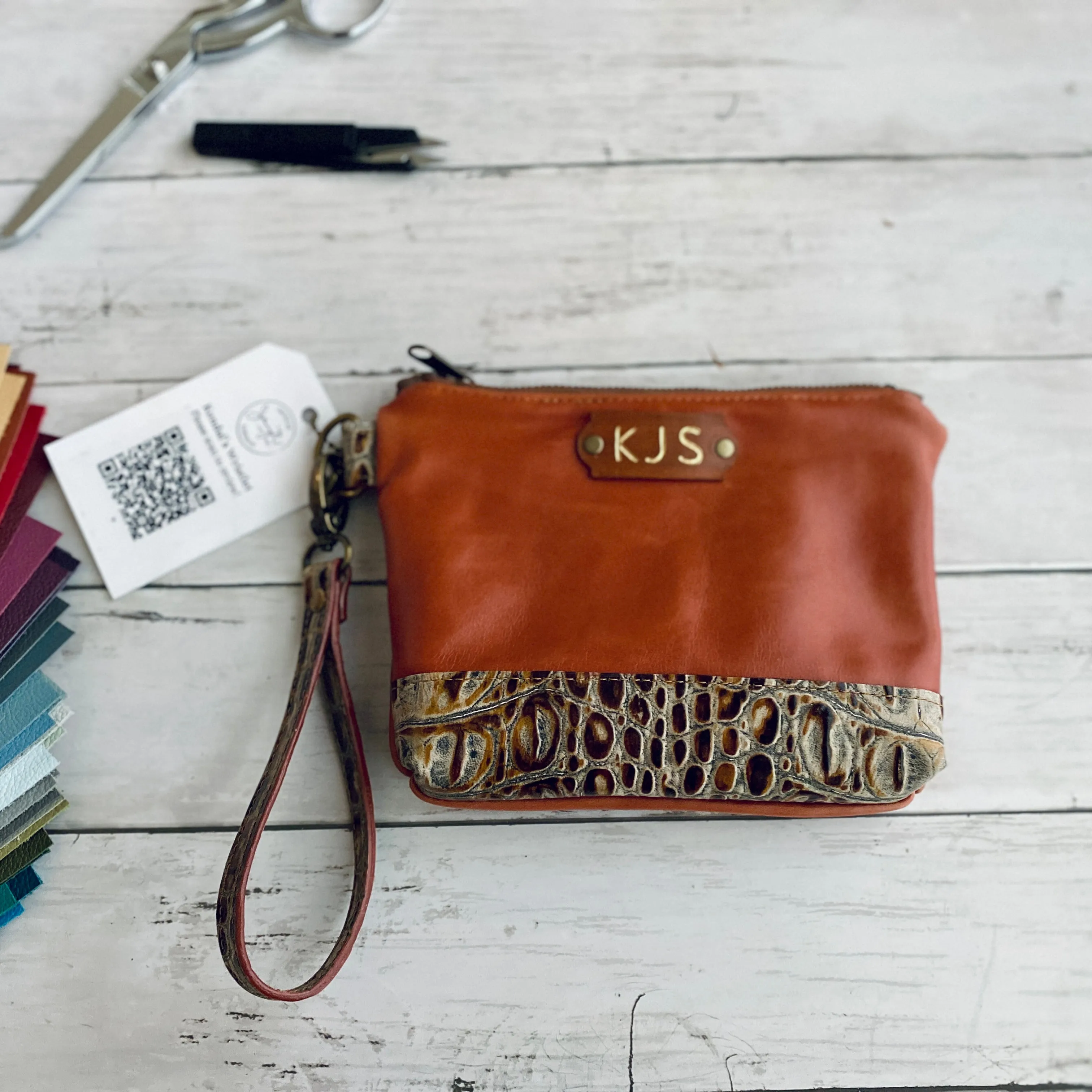 Wristlet in Copper, Diamondback Crocodile Embossed